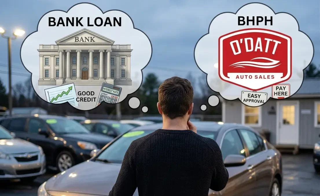 Compare buy here pay here vs bank loan options to see which financing path fits your credit, budget, and used car buying situation.